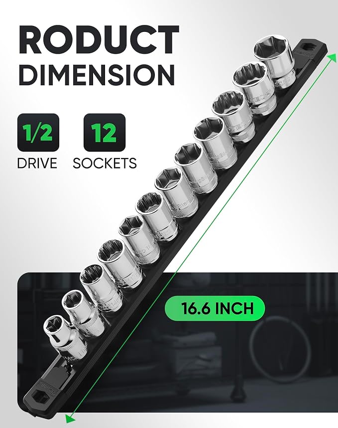 ALOANES Magnetic Socket Organizer Set, 1/2-Inch Drive Heavy Duty Aluminum Socket Rail Organizer, 360° Swivel Clips Socket Holder Kit for Toolbox Drawer Fit 1/2-Inch x 12 Clips (Black, 1PC)