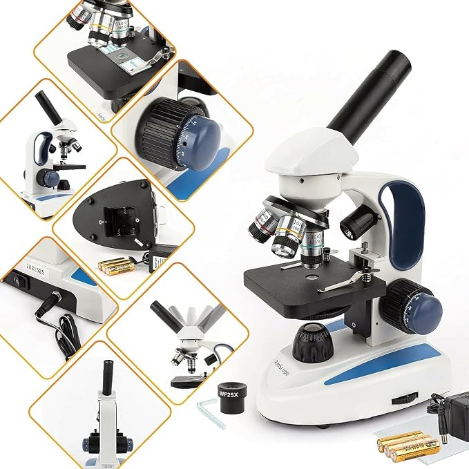 AmScope M158C-2L-E1 Digital Cordless Compound Monocular Microscope, WF10x and WF25x Eyepieces, 40x-1000x Magnification, Upper and Lower LED Illumination with Rheostat, Brightfield, Single-Lens Condenser, Coaxial Coarse and Fine Focus, Plain Stage, 110V...