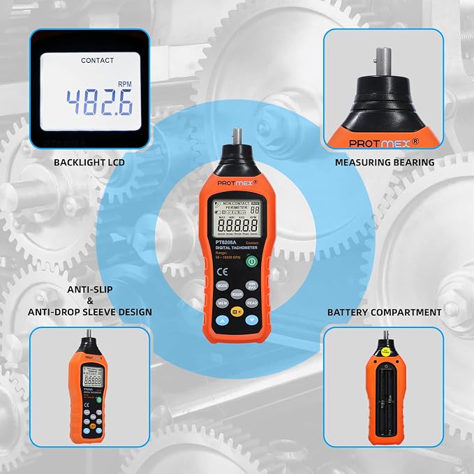 Protmex PT6208A Digital Contact Tachometer, Contact Measurement Speed Tach Meter, 50-19999RPM Speed Meter, Contact Tach RPM Meter with 100 Groups Data Logging, Data Hold, Max/Min/AVG, Backlight