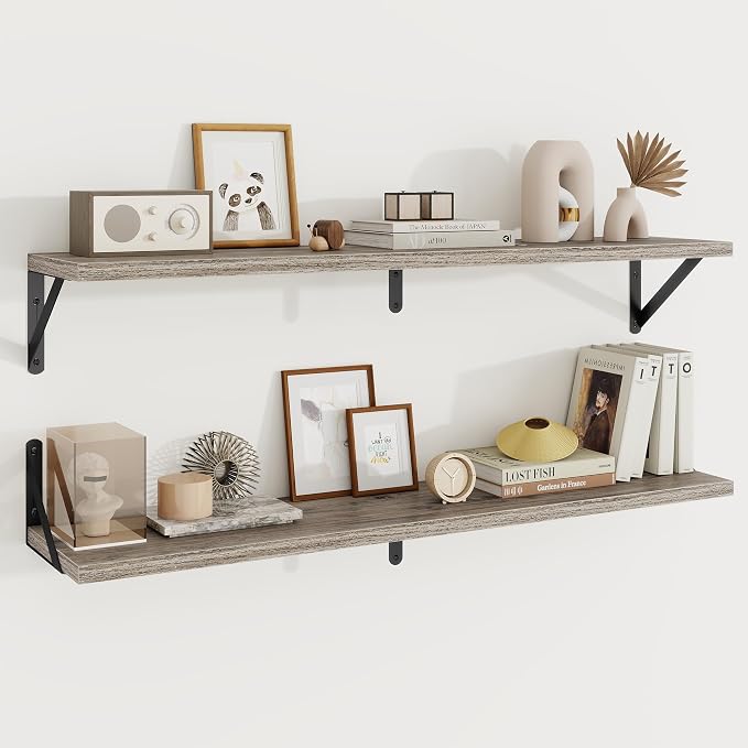 Floating Shelves 8 Inch Deep, 36W x 8D Wall Shelf Set of 2, 60 lbs Heavy Duty Reversible Metal Brackets, Industrial Book Shelf for Living Room Kitchen Bathroom Bedroom Gallery Wall, Grey