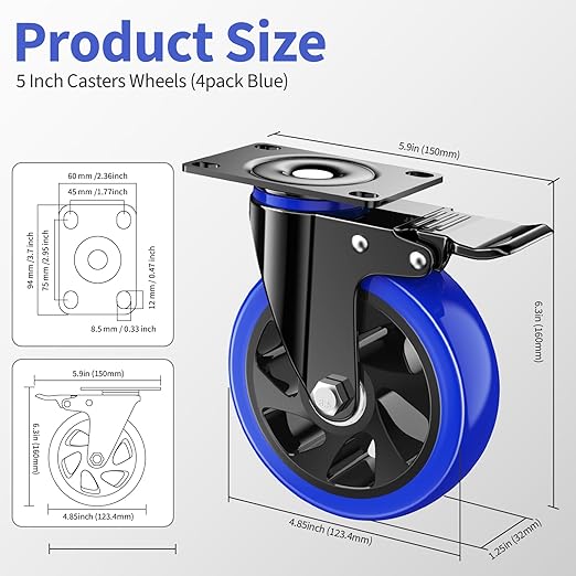 5 Inch Caster Wheels Heavy Duty Swivel Casters Set of 4 with Dual Locking,Industrial Plate Casters, Locking Casters Wheels for Furniture,Workbench(Free Hardware Kit)