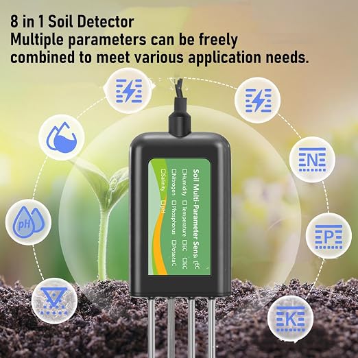 8 in 1 Soil Tester, Soil Sensor Temperature Humidity EC PH NPK Salinity Detector Tester Meter, for Greenhouse, Irrigation, Support for RS485