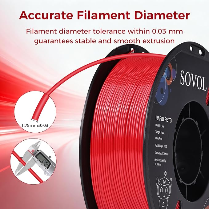Sovol 3D Printer Rapid PETG Filament 1.75mm 1KG (2.2lbs), High Precision, Strong Toughness, Wiring Tightness, Dimensional Accuracy +/- 0.03 mm, 3D Printing High Speed PETG Filaments, Red