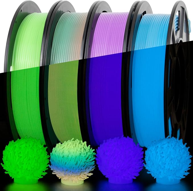IEMAI Glow in The Dark PETG Filament 1.75mm Bundle, Multicolor Luminous 3D Printer Filament 250g×4 Spools(Total 1kg) Rainbow+Green+Blue+Purple, Easy Printing, Accuracy +/-0.02mm