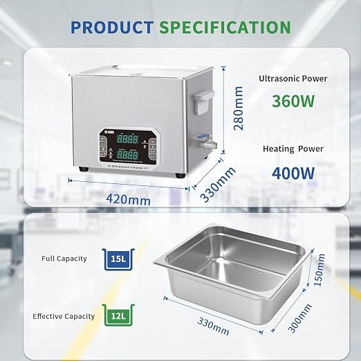 DK SONIC Professional Ultrasonic Cleaner 15L, 360W Heavy-Duty Sonic Cleaner with Timer,Heater&Touch Control, Multi-Application for Motorcycle Engines, Carburetors, Chains (Include Basket)