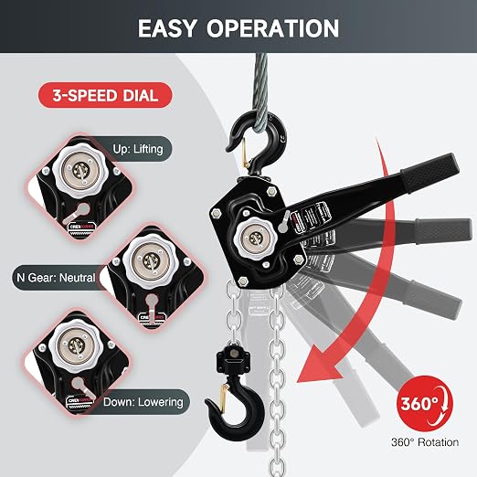 CREWORKS Lever Chain Hoist, 3 Ton 6600 lb Capacity 10 ft Manual Chain Hoist with G80 Galvanized Chain & Swivel Hooks, Heavy Duty Manual Lever Hoist for Construction Warehouse Automotive Factory