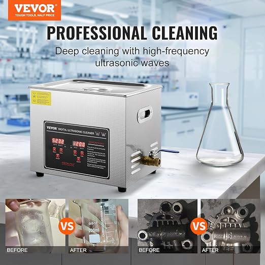 VEVOR Ultrasonic Cleaning with Digital Timer & Heater, Professional Ultra Sonic Jewelry Cleaner, Stainless Steel Heated Cleaning Machine for Glasses Watch Rings Small Parts Circuit Board (10L)
