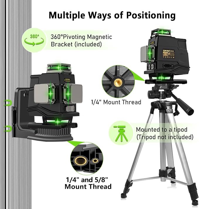 Laser level, Zokoun 360 self-leveling Laser Level 4D 16 lines green Laser Level with horizontal and vertical lines construction picture hanging, with magnetic bracket and 5000mAh lithium-ion battery