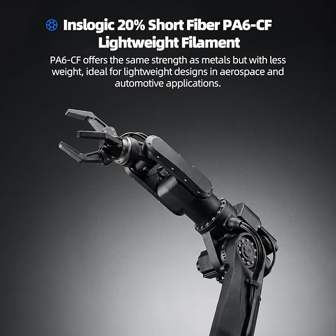 Inslogic PA6-CF20 Carbon Fiber Nylon Filament 1.75mm Black 1kg Spool, 20% Carbon Fiber Reinforced PA6 Filament, Low Warp & Wear Resistant for Functional Parts & Industrial Tools