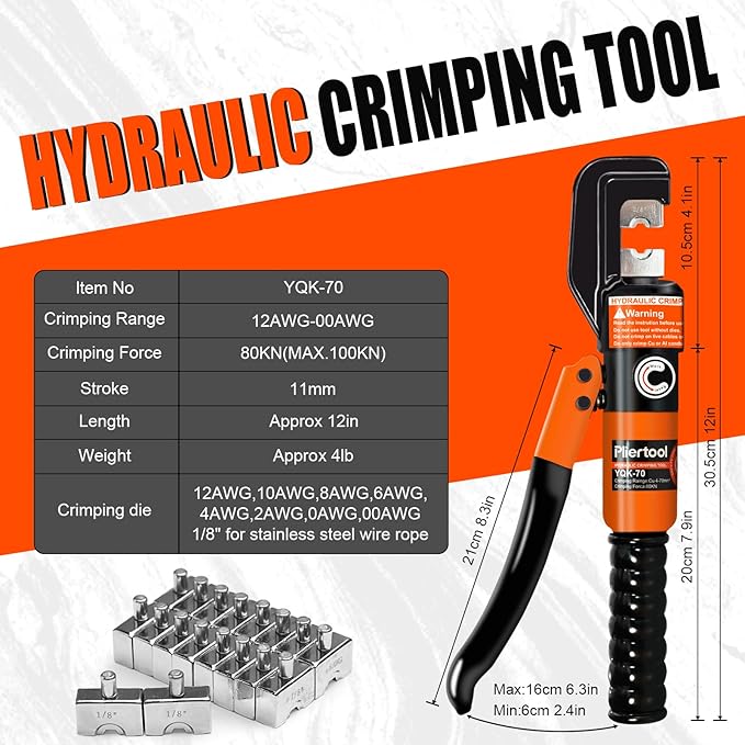 10 Ton Hydraulic Battery Cable Crimper with 9 Dies - Hydraulic Crimper Tool with Dual-Blade Weir Cutter & Spring-Loaded Handle Crimper Kit for 12-2/0 AWG, 1/8" Stainless Steel Railing