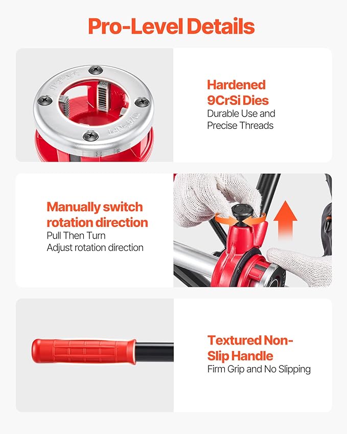 VEVOR Ratchet Pipe Threader Kit with 4 Dies, 1/2" NPT, 3/4" NPT, 1" NPT, 1-1/4" NPT Manual Ratcheting Pipe Threading Tool, Portable Pipes Threader Set with Toolbox for Plumbing Installation & Repair
