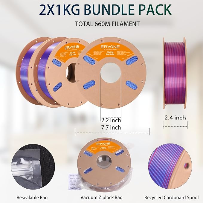 ERYONE Silk Dual Color PLA Filament 3D Printer 1.75mm +/- 0.03mm, Bicolor Filament Two Tone PLA Bundle 2KG Cardboard Spool, Blue Red
