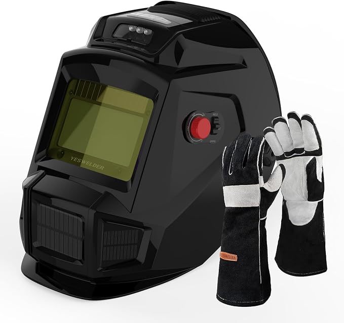 YESWELDER Auto Darkening Welding Helmet with Fan and Light, True Color 4 Arc Sensor for TIG MIG ARC Weld Hood Helmet&16 Inches,932℉,Leather Forge MIG Welding Gloves