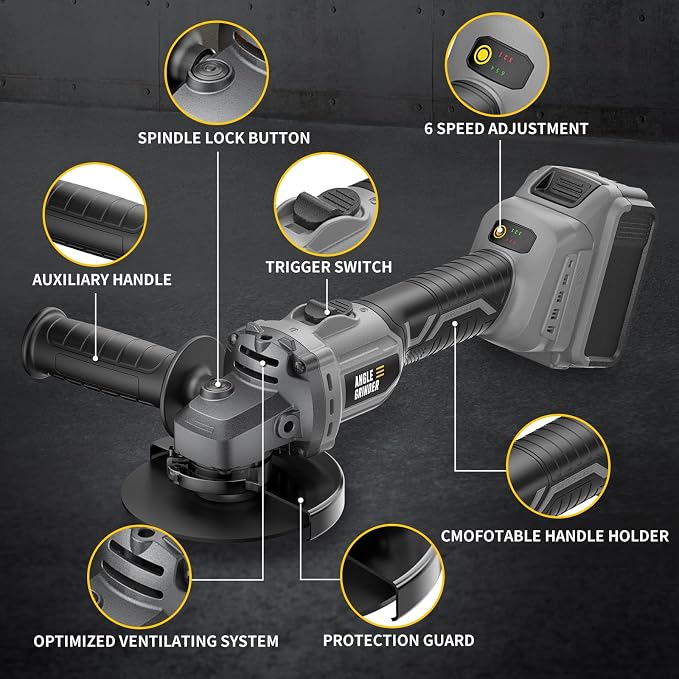 Angle Grinder 4-1/2" Cordless Compatible with DEWALT 20V Max Battery, Brushless Power Grinder Tool, 6 Variable Speed for Cutting Grinding Polishing (Tool Only)