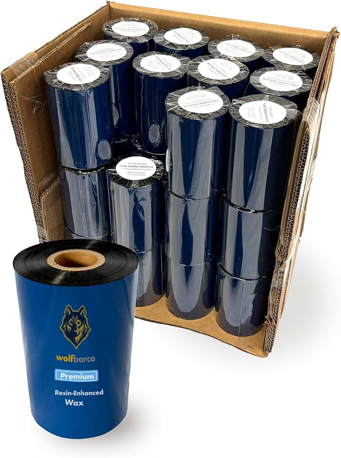 Wolfbarco 36 Rolls 4.33" x 984' 110mm x 300m Premium Resin-Enhanced Wax Ribbon, Black Barcode Thermal Transfer Ribbon 1" Core Ink Outside CSO for Zebra, Printronix, TSC, Godex, Citizen Printers