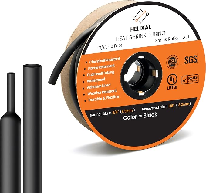 3/8" Heat Shrink tubing, 3:1 Ratio Wire Heat Shrink Tubing Industrial and Marine Grade, Dual Wall Adhesive Lined Wire Shrink Wrap Tubing, Waterproof Heat Shrink Tube - Black- 60 Feet Roll