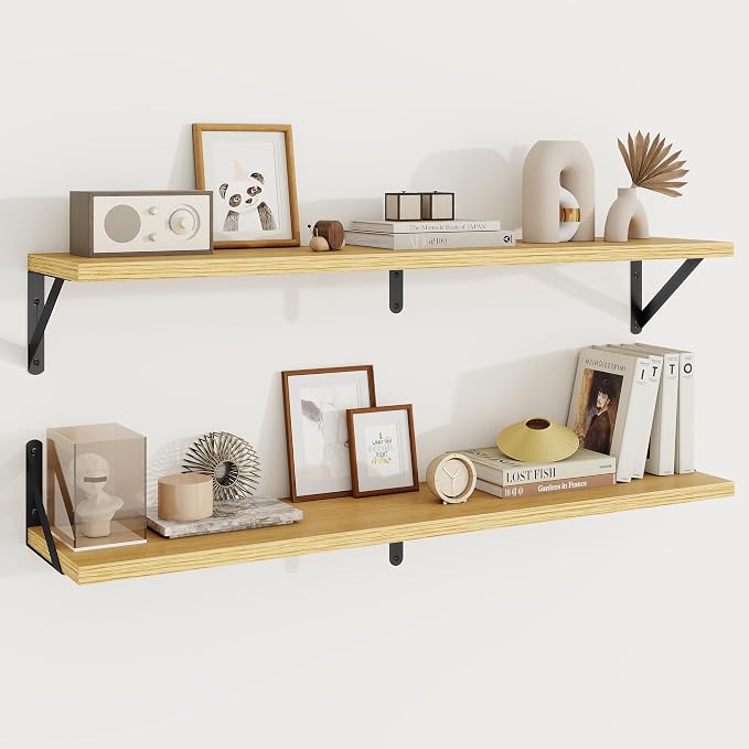 Floating Shelves 8 Inch Deep, 48W x 8D Wall Shelf Set of 2, 70 lbs Heavy Duty Reversible Metal Brackets, Industrial Book Shelf for Living Room Kitchen Bathroom Bedroom Gallery Wall, Oak