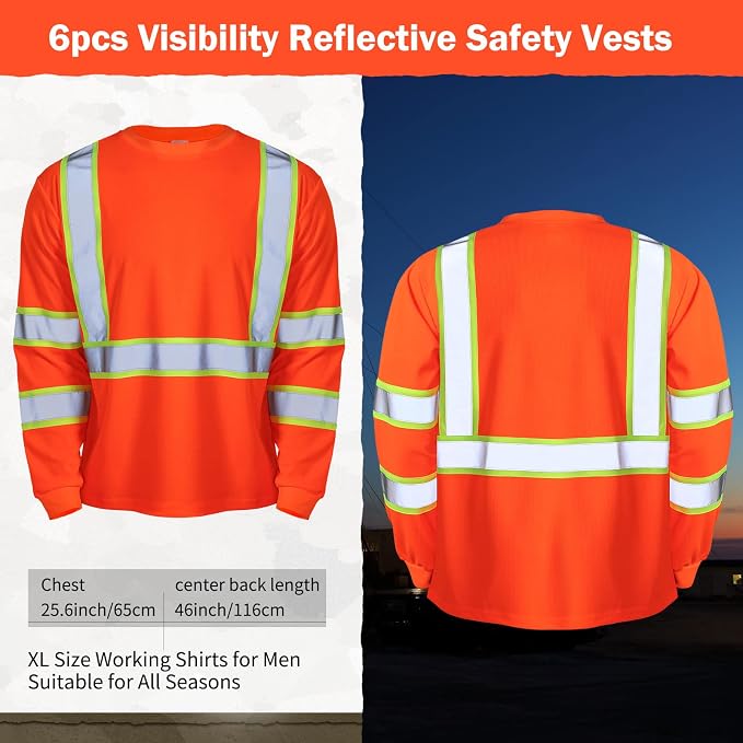 Zhanmai 6 Pack Safety Long Sleeve, Class 3 High Visibility T Shirt with Reflective Strips for Work Surveyor Construction