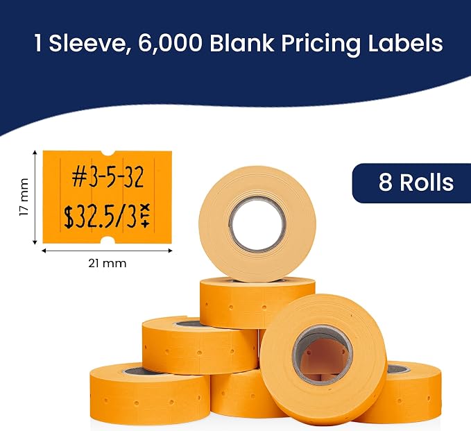 Perco 2 Line Fluorescent Orange Labels - 6,000 Blank Price and Date Gun Labels for Perco 2 Line Price and Date Guns - 8 Rolls, 1 Sleeve - Made in USA