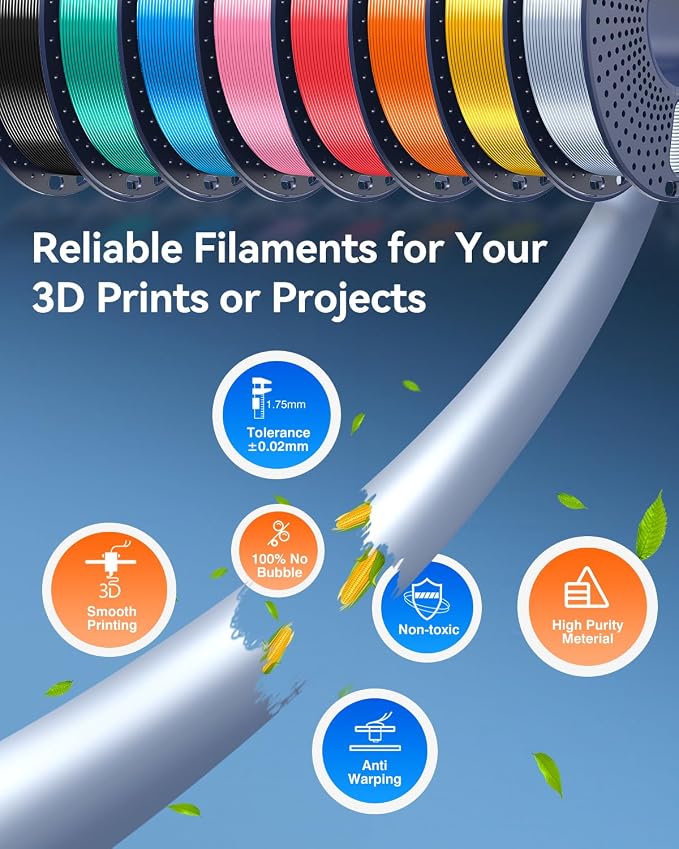 JAYO Silk PLA Filament Bundle 1.75mm, Silk 3D Printer Filament Bundle Multicolor, Individually Vacuum Packed, 8 Pack, Shiny Silk 2KG in Total, Light Gold+Silver+Black+Blue+Red+Green+Orange+Pink