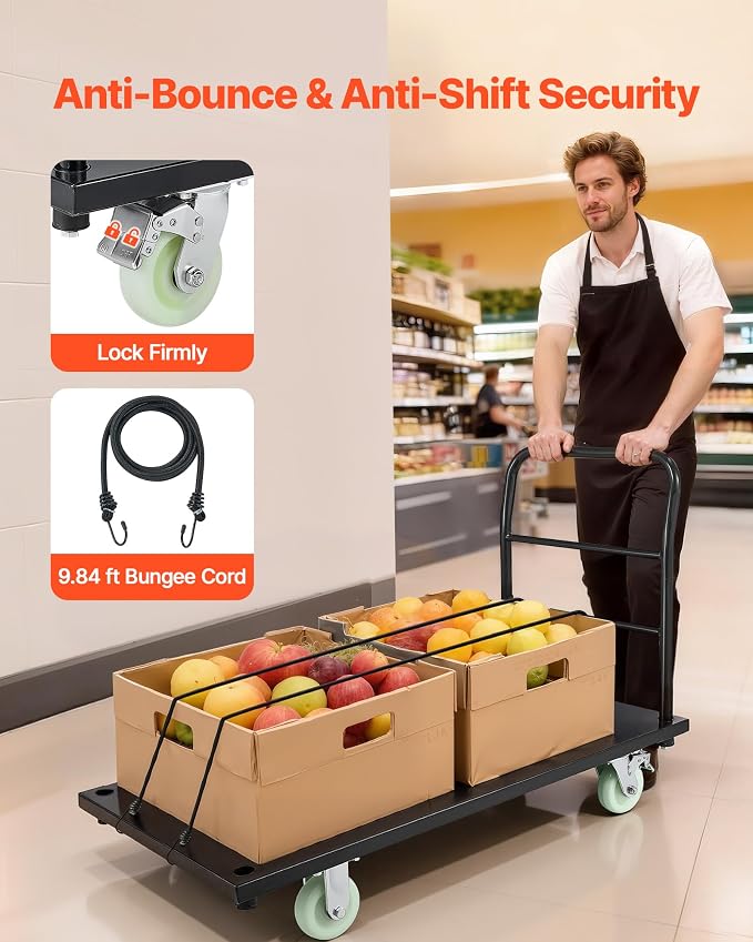 VEVOR Heavy Duty Platform Truck, 2000 LBS Industrial Steel Flatbed Cart with 360° Swivel Wheels, Platform Push Cart Dolly, Easy Storage for Warehouse/Garage/Moving/Garden (48" x 24" x 32")