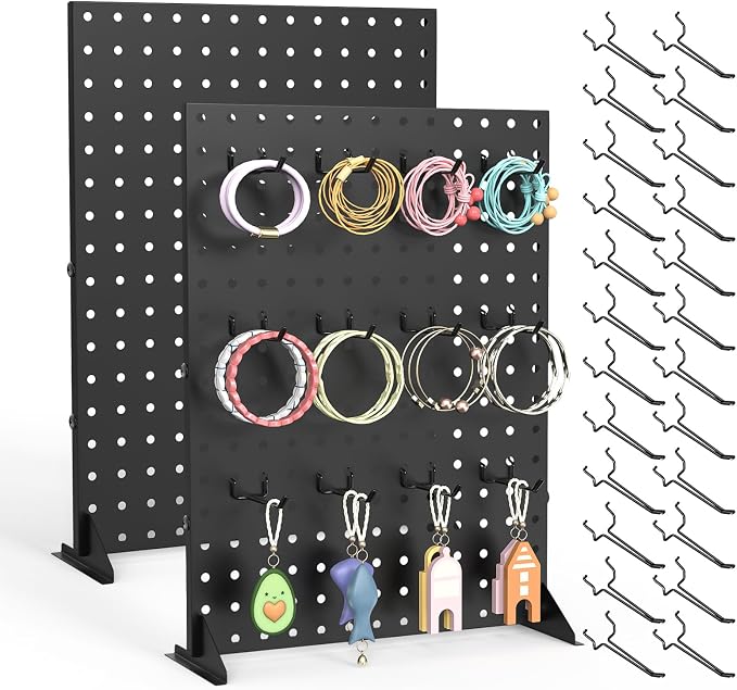 Peg Board Display Stand for Vendors, 2Pcs Black Pegboard Display Stand with 24 Hooks, Free Standing Pegboard Display, Tabletop Hanging Display Stand for Craft Shows, Keychain, Jewelry(16*12 inch)