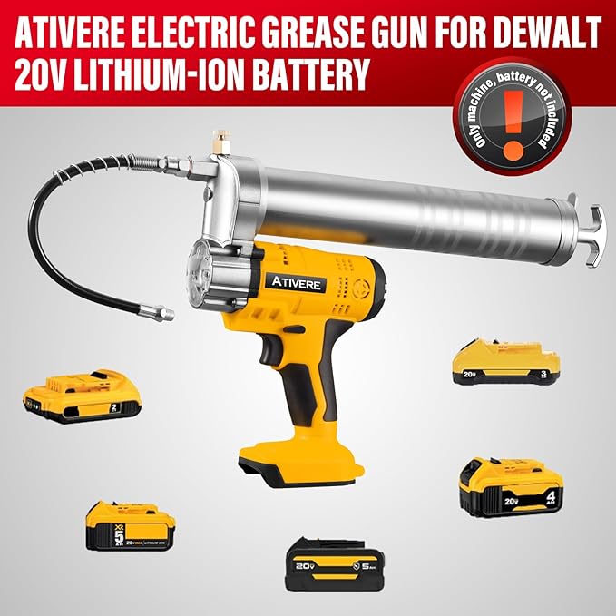 Lithium Battery Grease Gun Cordless for DeWalt 20V Max Battery (NO Battery) Yellow with 12” Spring Flex Hose, 10000 PSI High Pressure Quick Release Grease