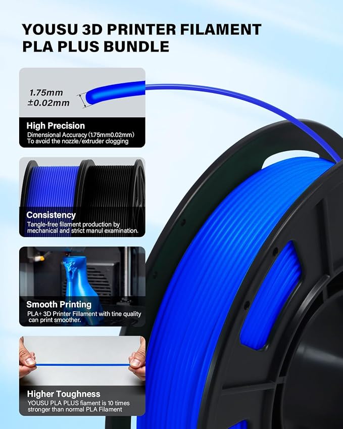 YOUSU PLA Plus Filament 1.75mm Bundle 4x250g, 4 Pack 1 KG PLA+ Sample 3D Printer Filament, 3D Printing Multi Pack Filament Dimensional Accuracy +/- 0.02mm(2.2lbs),Red/Orange/Blue/Green