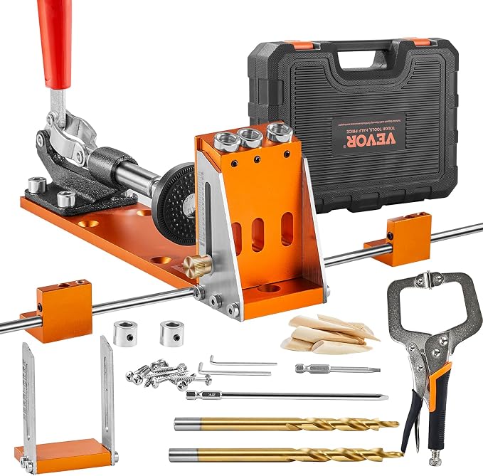 VEVOR Pocket Hole Jig Kit, 34 Pcs Pocket Hole Jig System with 11" C-clamp, Fixture, Step Drills, Wrenches, Drill Stop Rings, Square Drive Bits, Toolbox, Adjustable, for DIY Carpentry Projects