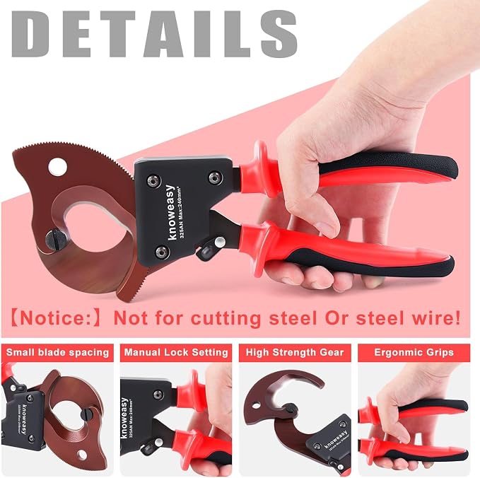 Knoweasy 325AN Upgraded Ratcheting Cable Cutter for Aluminum and Copper Wire, Heavy Duty Manual Ratchet Wire Cutting Tool for Multi-core Cables up to 240mm² and 500 MCM, Professional Industrial Grade