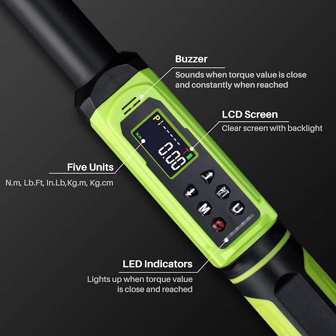 Digital Torque Wrench 1/2"Drive-3.8-250.8Ft.Lb for Car Truck Wheels | Electric Torque Wrench(5.1-340N.m), Vibration Buzzer LED Indicator,±2% Acc. 5 Units for Auto Repair, DIYers RV Owners Farmers