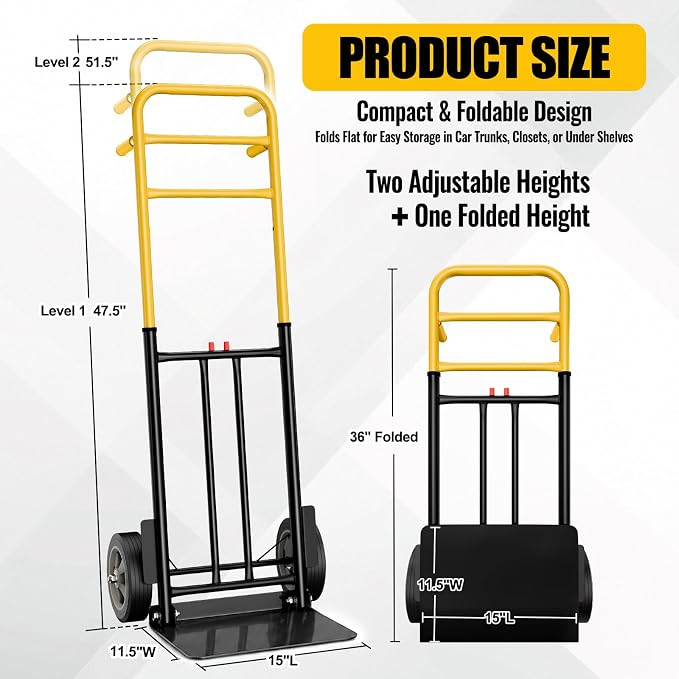 Folding Hand Truck Dolly Cart, 800 lb Capacity, Compact Foldable, Alloy Steel Frame, Adjustable Handle 47.5 to 51.5 Inches, Heavy-Duty 8 Inch Solid Rubber Wheels, for Moving, Warehouse, Home Office