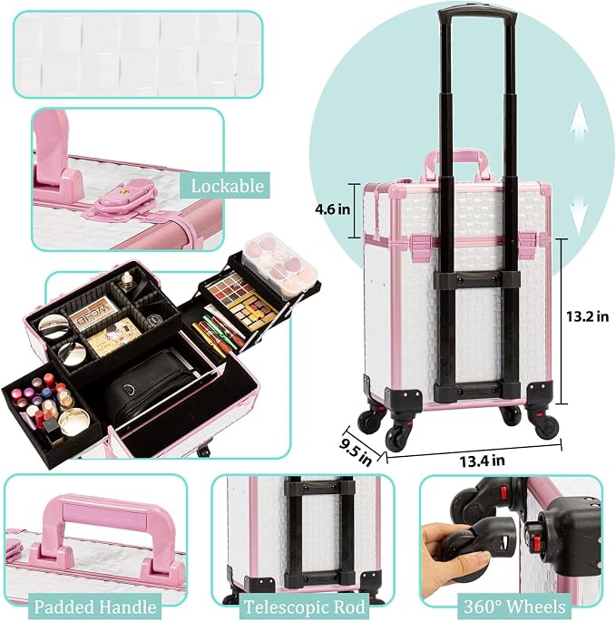 AROUS Rolling Makeup Train Case Cosmetic Travel Trolley 4 Tray with Sliding Rail Removable Middle Layer with Key Swivel Wheels Salon Barber Case Traveling Cart Trunk,White