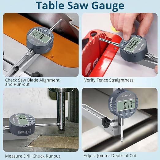 Table Saw Alignment Tool with Digital Dial Indicator,0.0005" Precision Calibration Gauge for Blade,Fence & Arbor Runout,Fast Setup Straight-Through Design,Fits Standard 3/4" (19mm) Miter Slots
