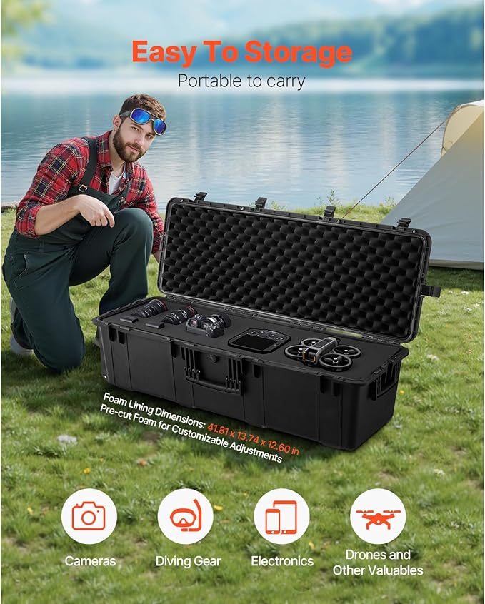 VEVOR Weatherproof Hard Case, Heavy Duty Protective Dry Box Case with Pre-Cut Foam Retractable Pull Handles for Travel, Hunt, Military, Tactical, IP67 Waterproof, for Cameras(44.09 * 15.94 * 13.46)