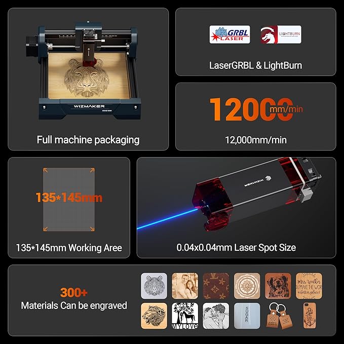 WIZMAKER Wand MINI 2.5W Laser Engraver, Compact Engraving Machine for Wood Acrylic Glass, 135×145 mm Working Area, High‑Precision 0.04 mm Spot, Beginner DIY Laser Cutter 2500mW