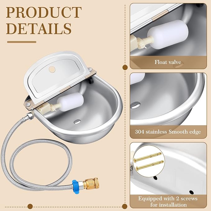 Bokon 2 Sets Automatic Animal Drinking Water Bowl, 304 Stainless Steel Waterer for Dog Cattle Goat Pig, Livestock Water Trough Dispenser with Pipe Hose, 4 Float Valves, Quick Connecter, Expansion Bolt