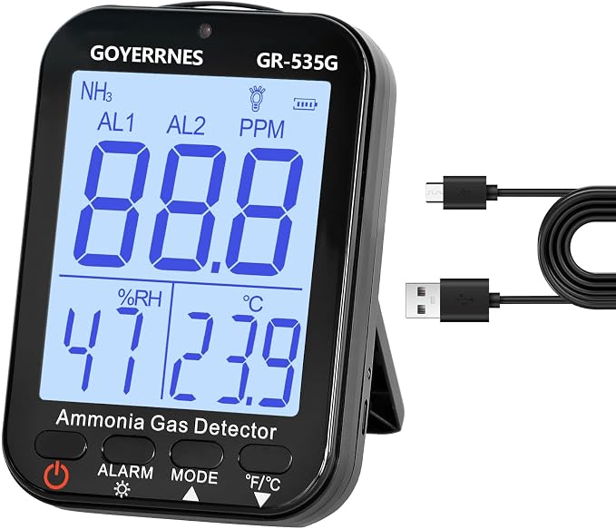 Ammonia Gas Meter Detector, NH3 Gas Monitor Sensor with Range 0-100 ppm, Portable Air Quality Detector Meter for Farm, Poultry, Pig & Livestock (Rechargeable)