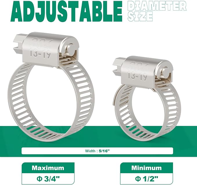 OURU 40PCS Hose Clamps Stainless Steel Adjustable 1/2"– 3/4"(13-19mm) Worm Gear Hose Clamp, Heavy Duty Metal Small Hose Clamps for Automotive, Pipe, Radiator Plumbing, Fuel Line