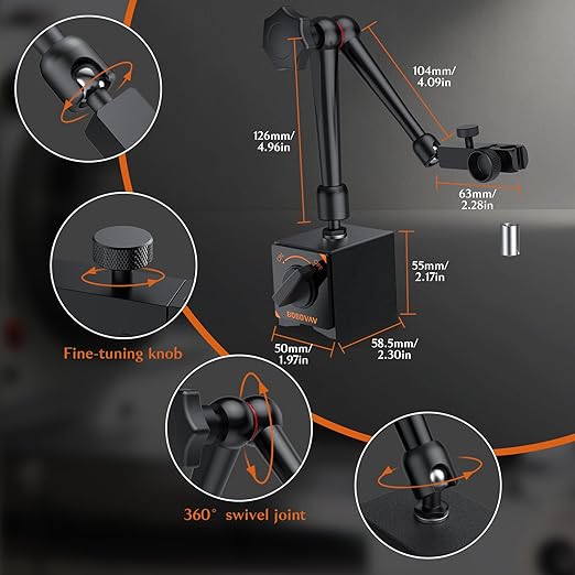 Magnetic Base Stand Holder for Dial Indicator - 176lbs/80kg Max Pull, 3 Adjustable Joints, 3/8 Inch Steel Stable Holder for Machine Tool Processing & Precision Inspection