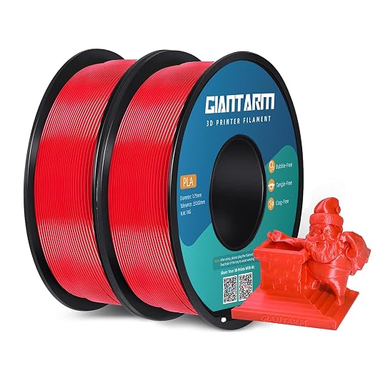 GIANTARM 3D Printer Filament,2pcs Red Pla Filament, 1Kg(2.2lbs) Spool, 1.75mm Dimension Accuracy +/- 0.03mm, 3D Printing Filament