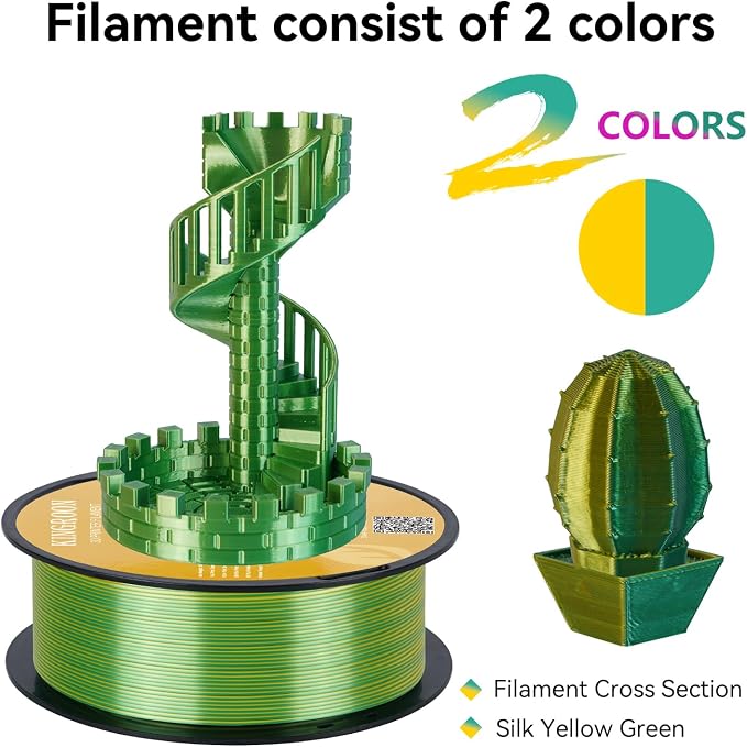 Kingroon PLA Filament, Multicolor Silk PLA Filament, Dual Color 3D Printer Filament, 1.75 mm, Dimensional Accuracy +/- 0.03 mm, 1kg Spool(2.2lbs), Yellow Green