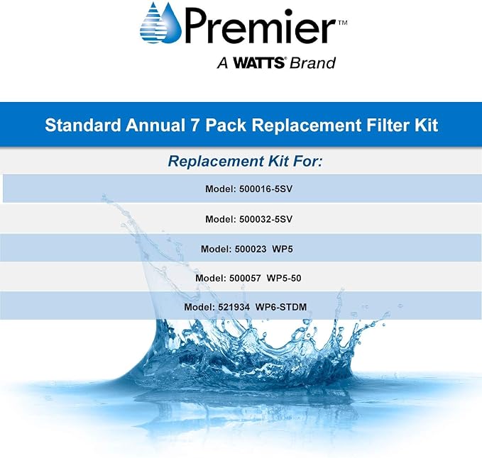 Watts Premier Annual 7-Pack Standard Water Filter Replacement Kit for RO-TFM-5SV, WP-ST6DM, WP-5, WP5-50 Reverse Osmosis System, 2 Sediment Filters, 4 Carbon Pre-Filters, GAC Inline Post-Filter