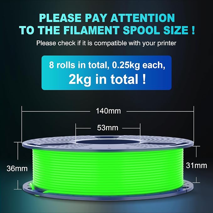 SUNLU Glow in the Dark PLA Bundle, Neatly Wound Luminous 3D Printer Filament 1.75mm, Dimensional Accuracy +/- 0.02mm, 250g Spool × 8 Packs (Black White Red with 5 Spools of Glowing Green/Blue/Orange)