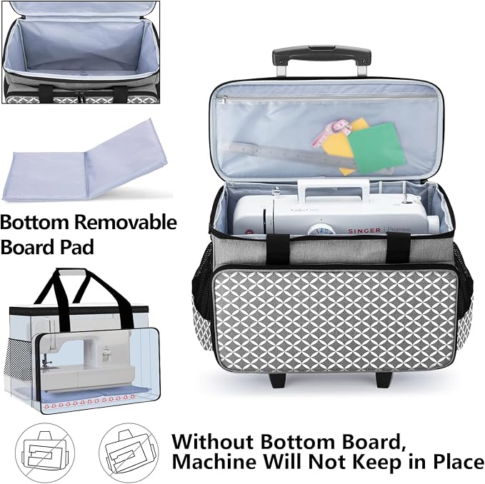Yarwo Upgraded Rolling Sewing Machine Carrying Case, Detachable Trolley Tote Bag with Removable Bottom Board and Thickened Trailer Leg for Most Standard Sewing Machine and Accessories, Gray with Grid