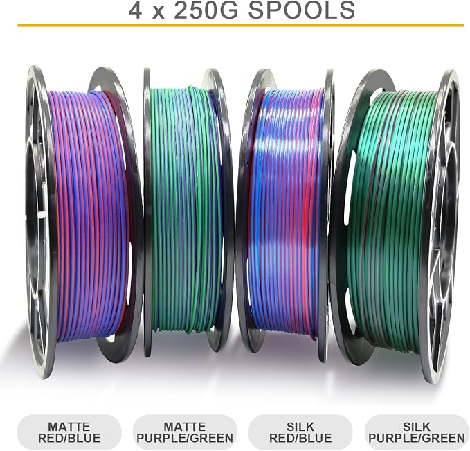 Reprapper 4X 250g Color Pack, Dual Color Filament Coextrusion PLA Filament 1.75mm for 3D Printer, 4 x 250g Spools Matte Red/Blue, Matte Purple/Green, Silk Red/Blue, Silk Purple/Green
