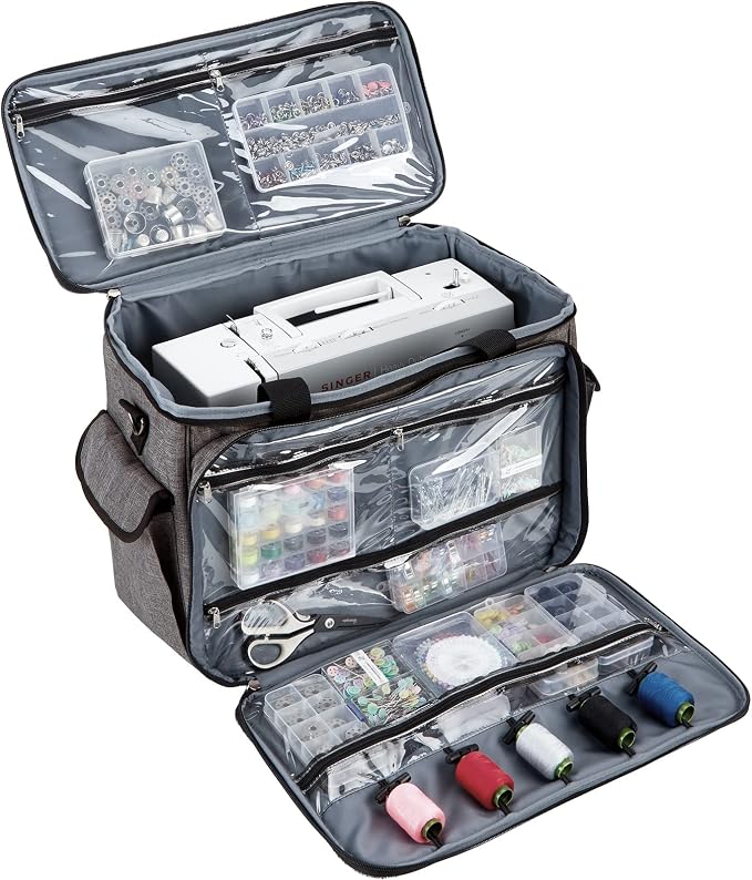 HOMEST Sewing Machine Carrying Case with Multiple Storage Pockets, Universal Tote Bag with Shoulder Strap Compatible with Most Standard Singer, Brother, Janome, Grey (Patent Design)