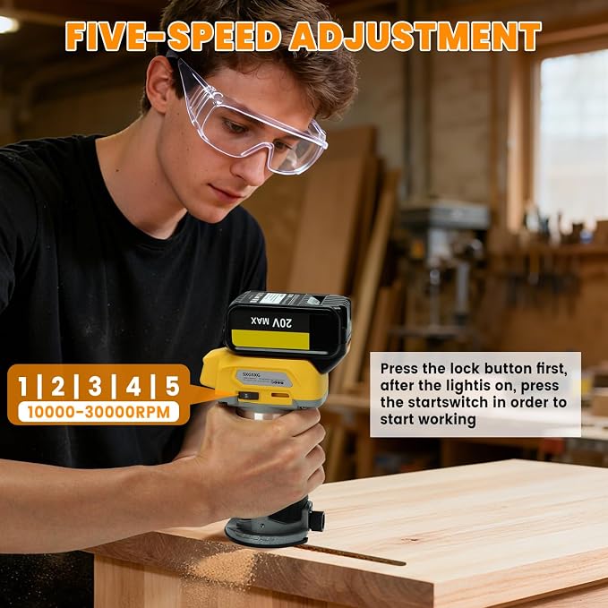 Wood Router with DeWalt 20V Battery,Router Tool for 800W 30000 RPM，5 Variable Speeds Fixed Base Cordless Router,15PCS 1/4" Router Bits【Battery Not Included】
