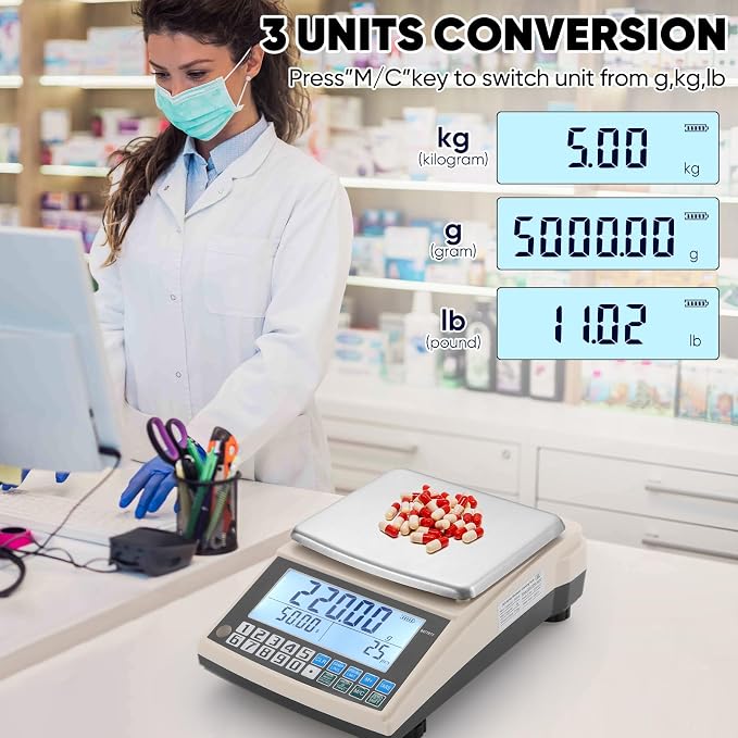 Lab Scale 5000gx0.01g High Precision Lab Gram Counting Scale with RS232 Port & Calibration Weight & Battery, Lab Analytical Balance Scientific Electronic Scale for Kitchen, Jewelry, Gold, Industrial