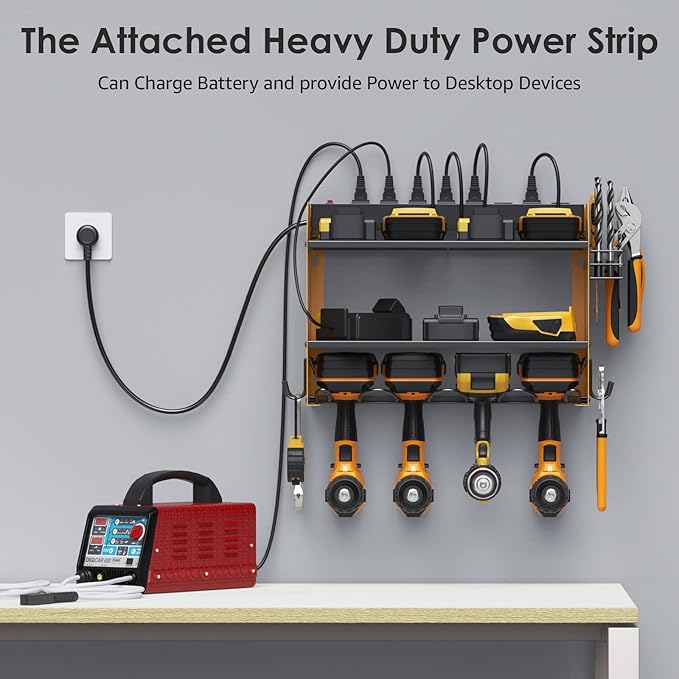 CCCEI Wall Mount Modular Tool Charging Organizer, Yellow, 1 Pack, 3 Tier. | Drill Battery Storage Rack with Hooks, Garage Workshop, Gifts for Men, Dad, Husband Anniversary, Birthday, Christmas